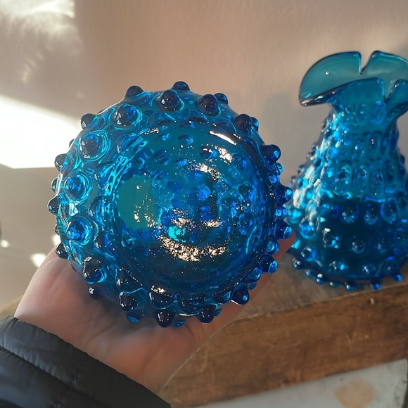 Vintage Azure Blue Toscany Zena Hobnail Art Glass Vases Handmade Pitcher Creamer - Picture 4 of 8